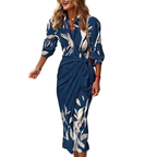 Fashion Printed Shirt Midi Dresses Wrap Turn-down Collar Lace-up Belt Tied Side Slit