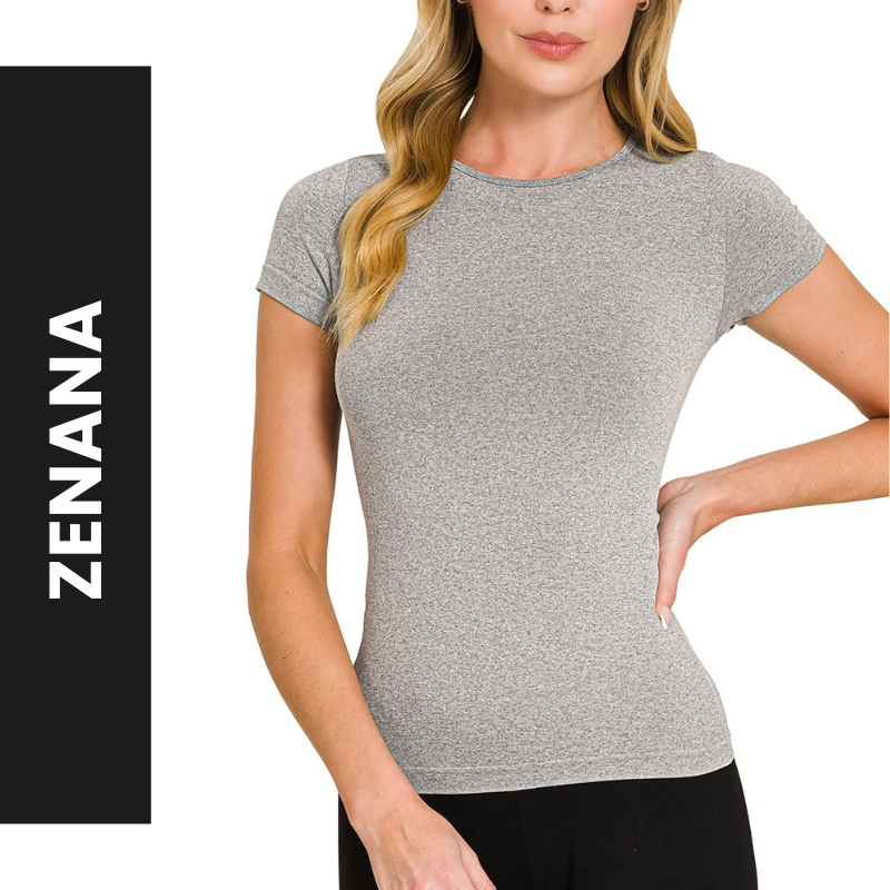 Zenana Seamless T-shirt Casual Basic Crew Neck Stretsh Short Sleeve Gray Top Tee