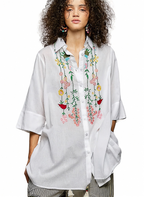 POL Oversized Ivory Shirt Floral Embroidered Button-up 3/4 Sleeve Boho Loose Top
