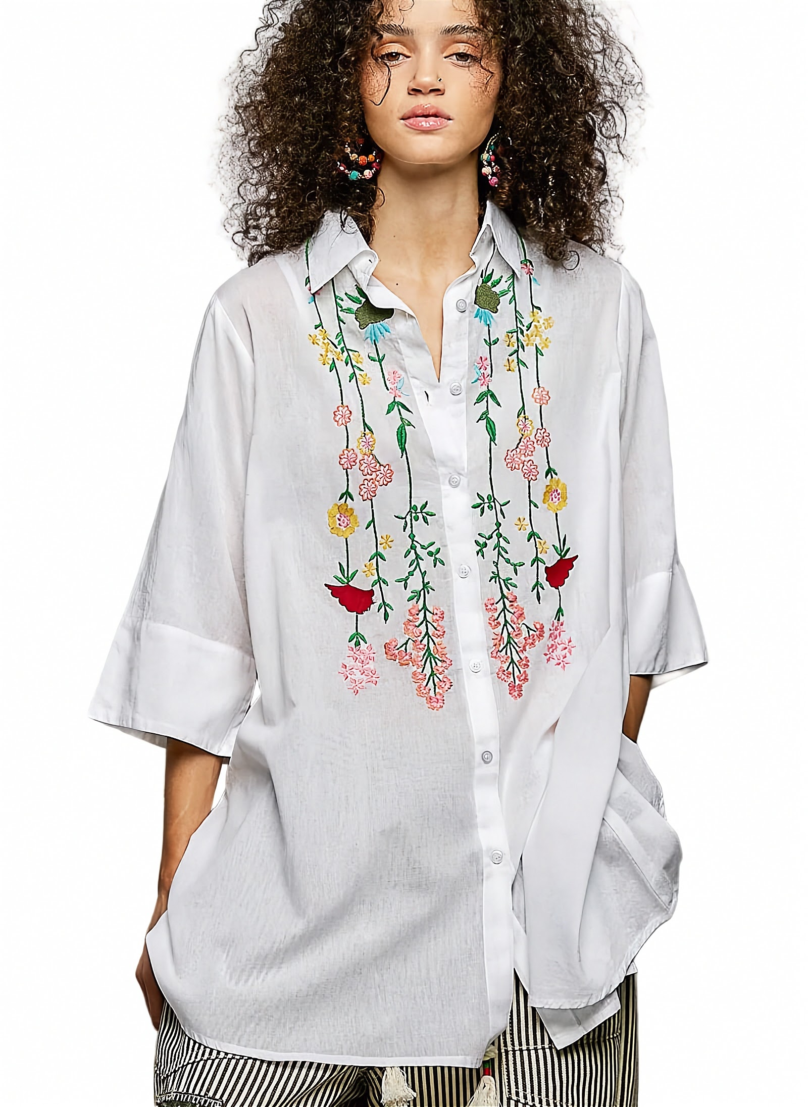 POL Oversized Ivory Shirt Floral Embroidered Button-up 3/4 Sleeve Boho Loose Top