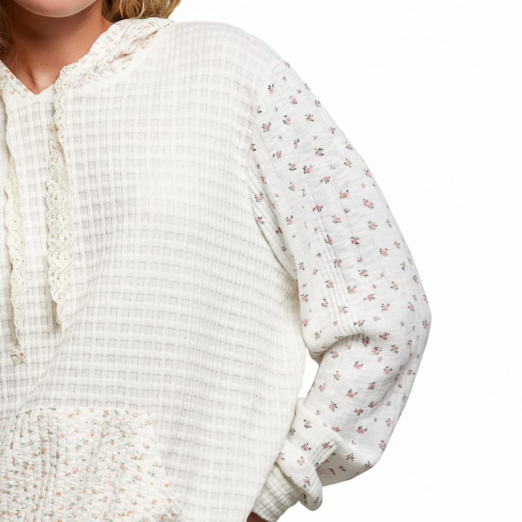 POL Women's mixed-knit hoodie on a white background