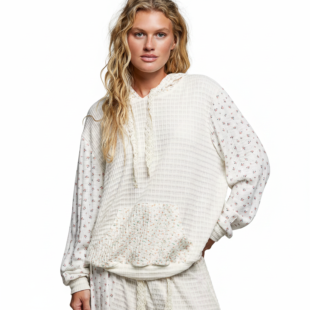 POL Women's mixed-knit hoodie on a white background