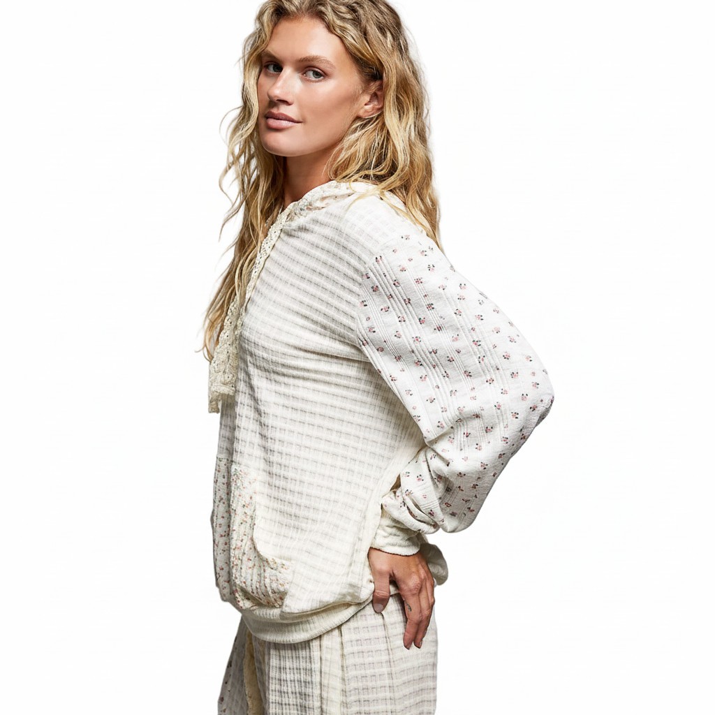 POL Women's mixed-knit hoodie on a white background