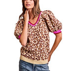 BiBi Leopard Knit Top V-Neck Contrast Pink Trim Puff Sort Sleeve Pullover