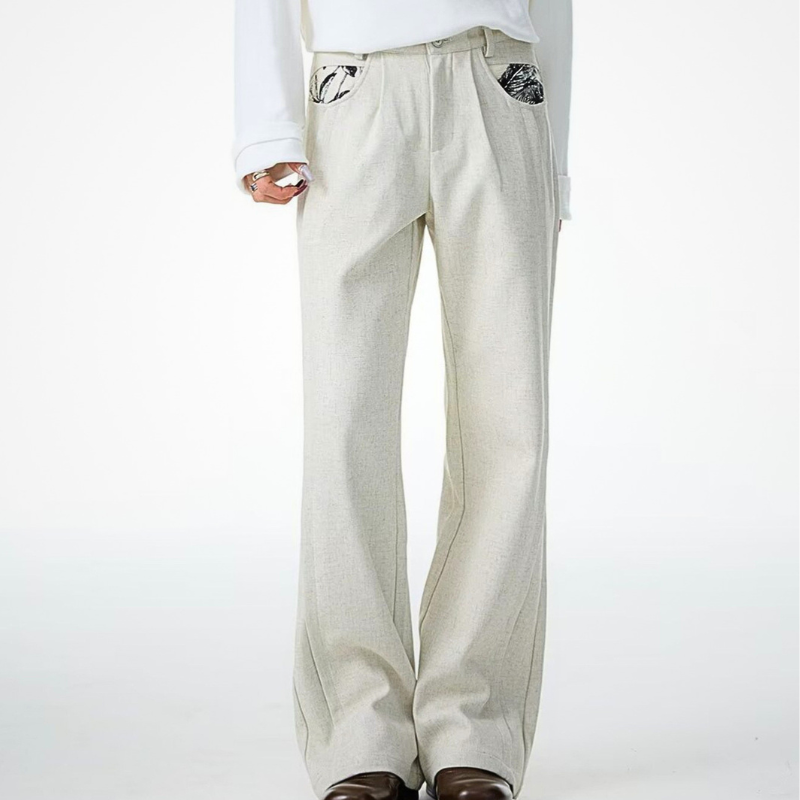 Men's Wide Leg Pants with Patterned Pockets Casual Loose Solid Trousers