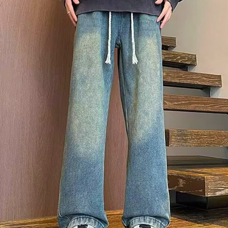 Men's Full-Length Washed Wide Leg Jeans Loose Casual Denim Drawstring Pants S-3XL