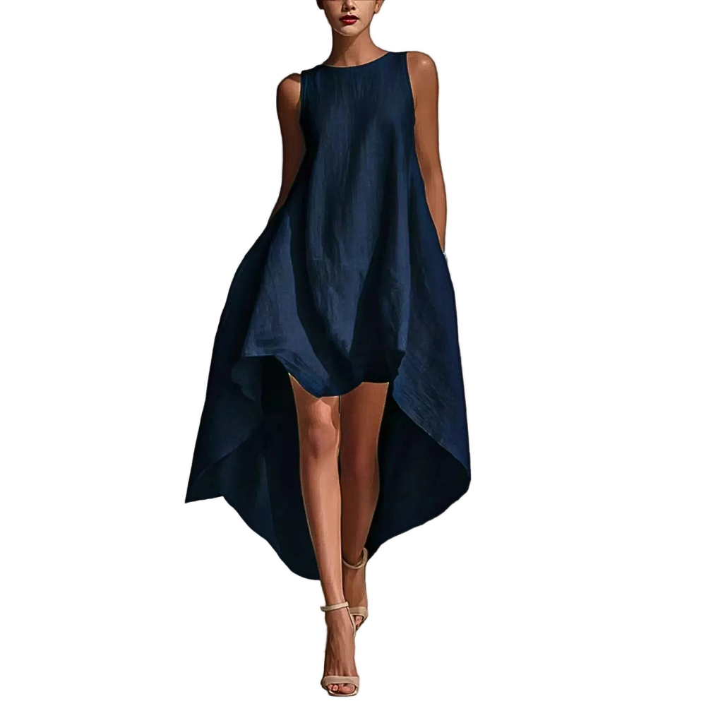 Midi Dress High-Low Sleeveless Round Neck Summer Oversized Loose with Pockets