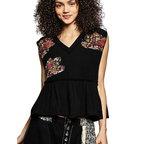 POL Black Blouse Floral Patch Ruffled Sleeveless Tank Top with Raw Edge Detail