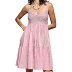 POL Mini Dress Pink Multi Striped Smocked Embroidered Fashion Boho Ruffle Dresses