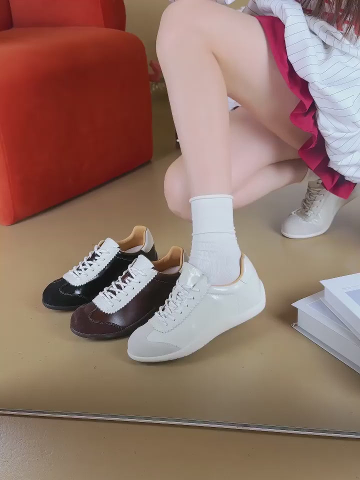 Sneakers Retro Donna - Scarpe Casuali Lacciate in Pelle Spaccata Patchwork