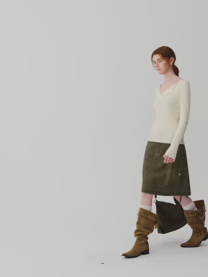 Women's Skirt Viscose Broadcloth Straight Cargo-Style Pockets High-Rise Empire Waist Knee-Length Casual Winter