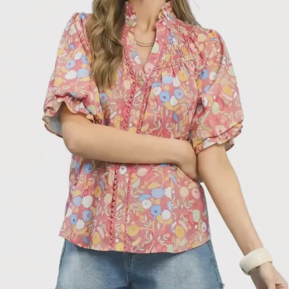 Umgee USA Shirt Blouse Floral Ruffle Trim V-Neck Button Short Sleeve Casual Top