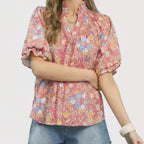 Umgee USA Shirt Blouse Floral Ruffle Trim V-Neck Button Short Sleeve Casual Top