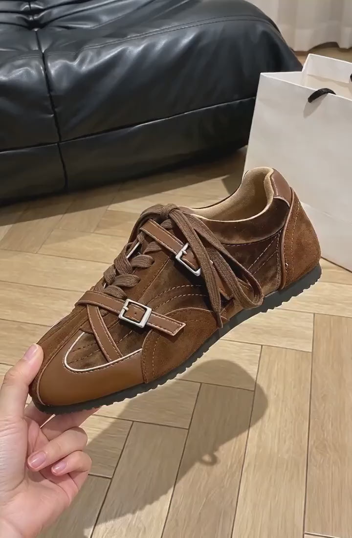 Women Retro Cross Buckle Sneakers - Cow Suede Casual Walking Shoes