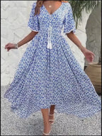 Women's Floral Midi Dress V-Neck Ruffle Short Sleeve Summer Fashion