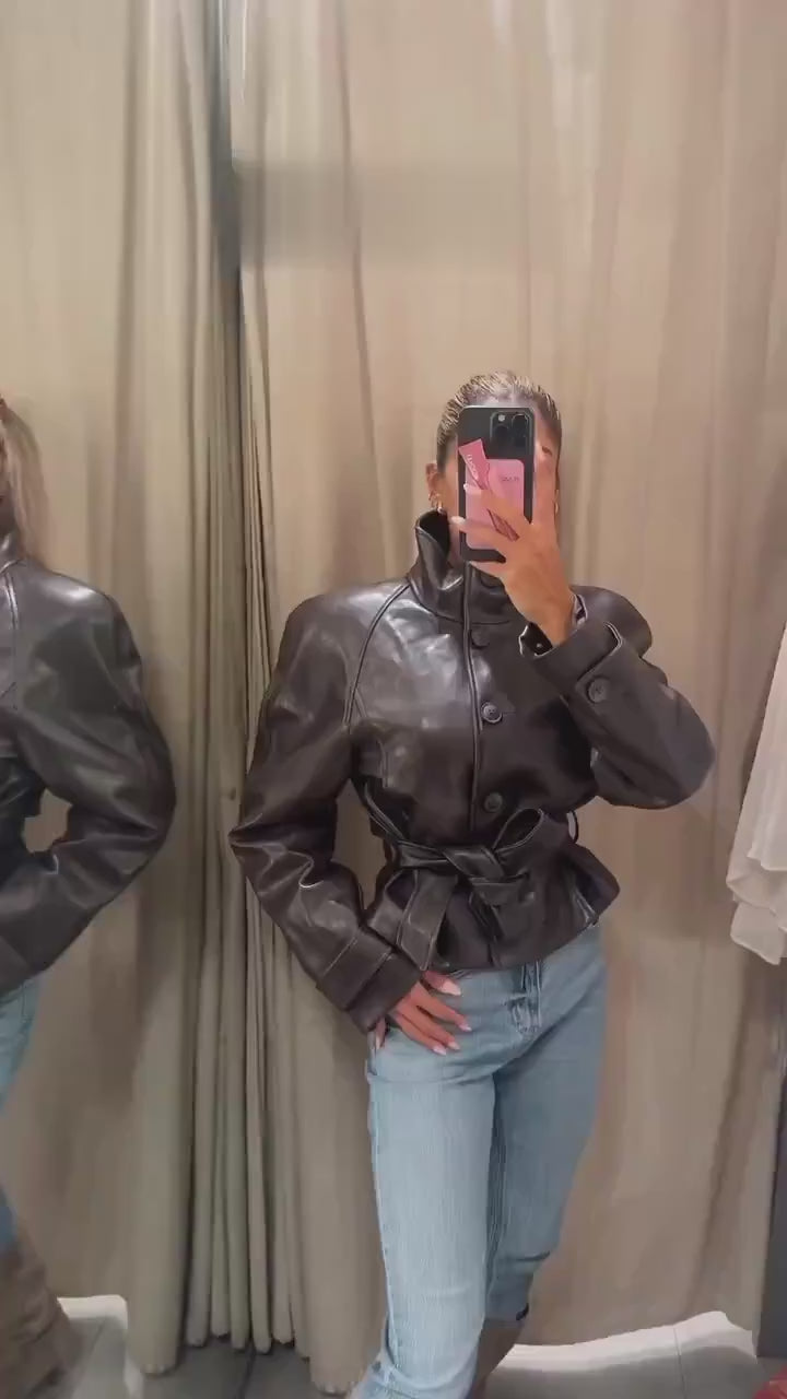 Women's Faux Leather Casual Fashion Jacket Belted Stand-Collar Button-Front Coat