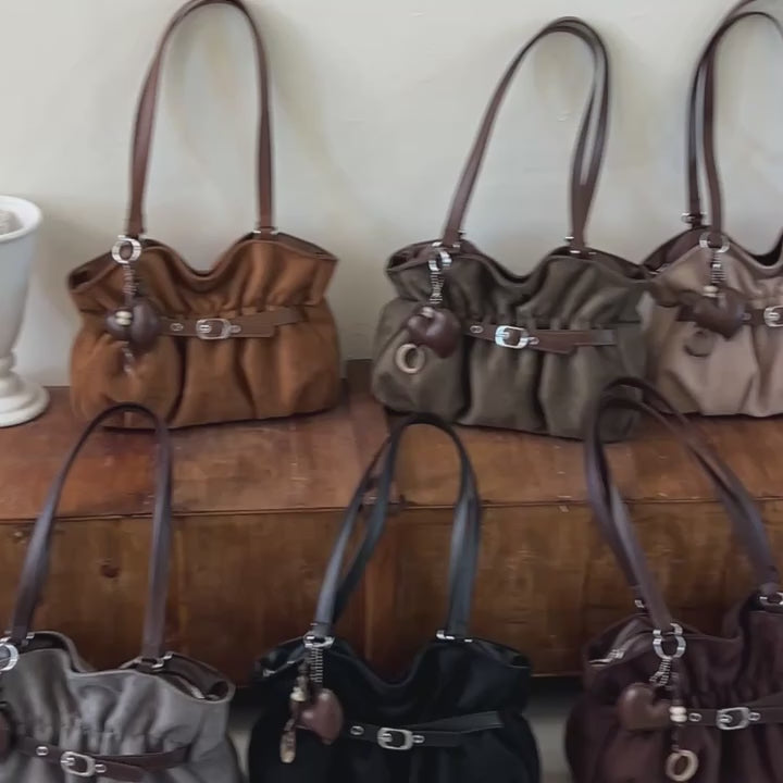 Women's Shoulder Bag Vintage Ruched PU Leather Zipper Tote Bag with Phone Pocket & Charm