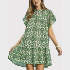 Umgee USA Babydoll Mini Dress Flora Green Print Ruffled Round Neck Short Sleeve
