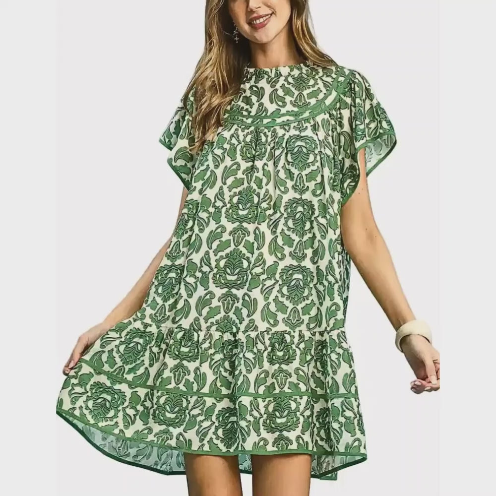 Umgee USA Babydoll Mini Dress Flora Green Print Ruffled Round Neck Short Sleeve