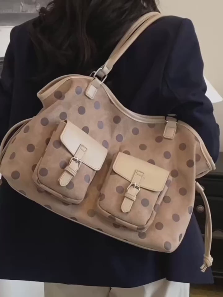 Women's Tote Bag Vintage Dot-Pattern Faux PU Leather Zipper Shoulder Bag with Phone Pocket