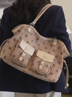 Women's Tote Bag Vintage Dot-Pattern Faux PU Leather Zipper Shoulder Bag with Phone Pocket