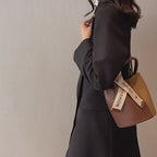 Women's Bucket Bag Small Coffee Brown PU Leather Two-Tone Casual Crossbody