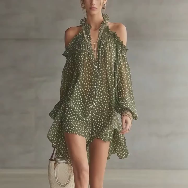 Women Polka Dot Chiffon Mini Dress Party Cocktail Short Dress Halter Cold Shoulder Long Sleeve Loose Fit