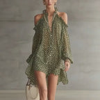 Women Polka Dot Chiffon Mini Dress Party Cocktail Short Dress Halter Cold Shoulder Long Sleeve Loose Fit