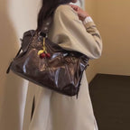 Women's Faux Leather Tote Shoulder Bag with Charm