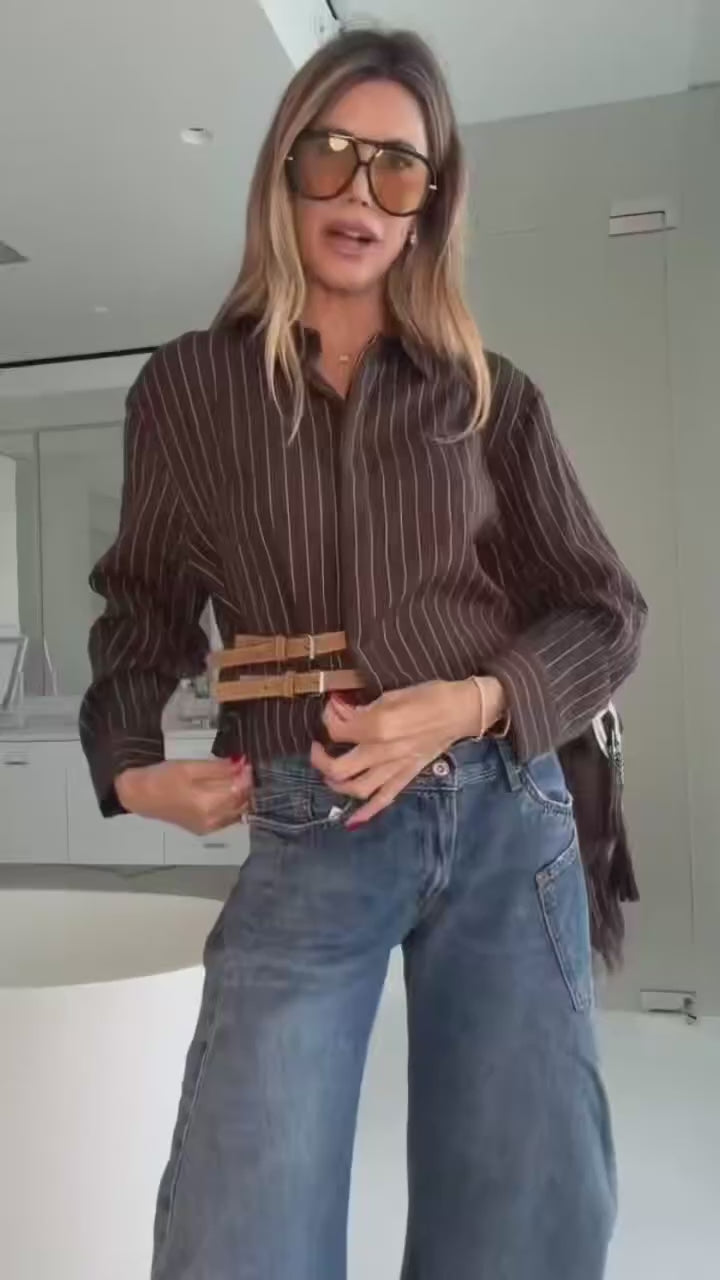 Women's Blouse Brown Striped Full-Sleeve Loose-Fit Single-Breasted Turn-Down Collar Shirt