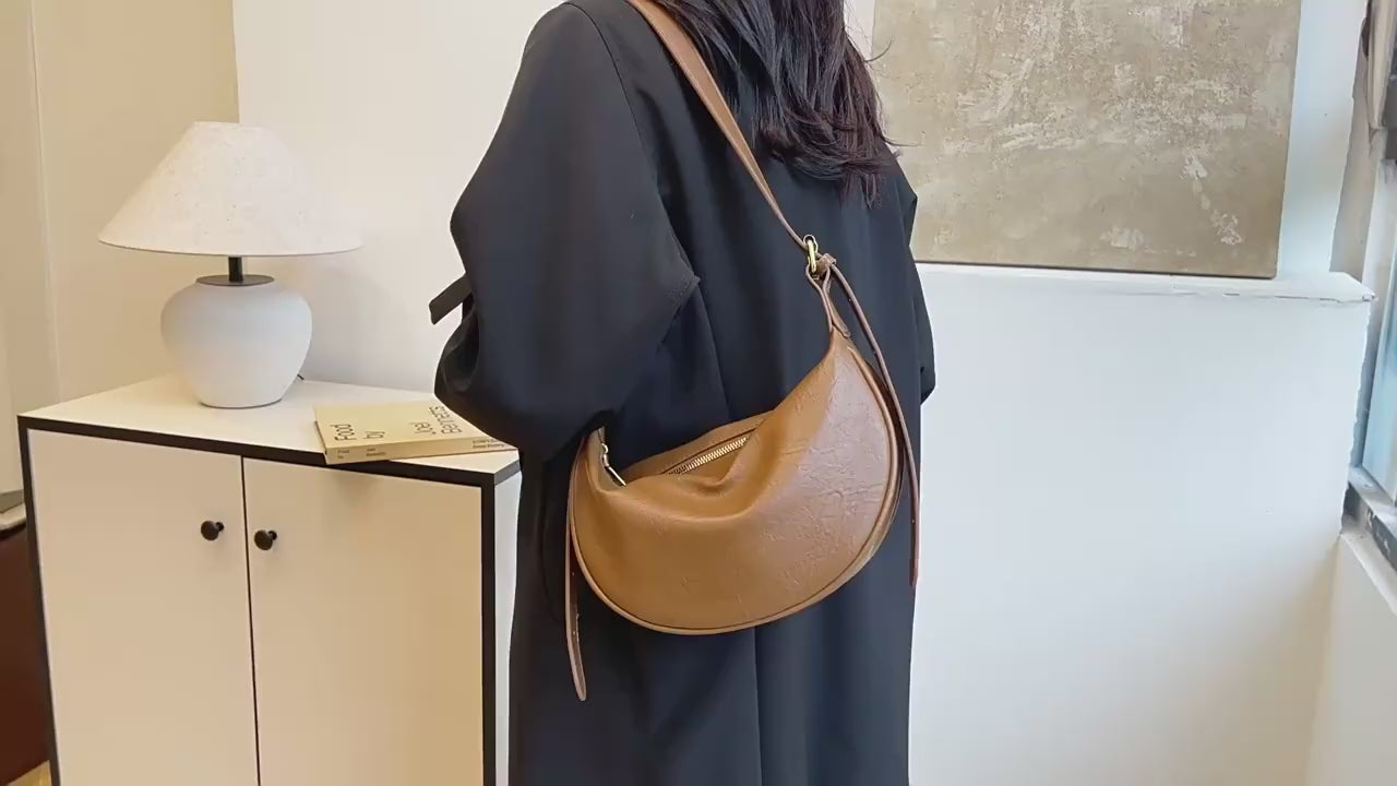Crescent Shoulder Bag with Plush Charm Medium Zipper Soft Pu Leather Crossbody