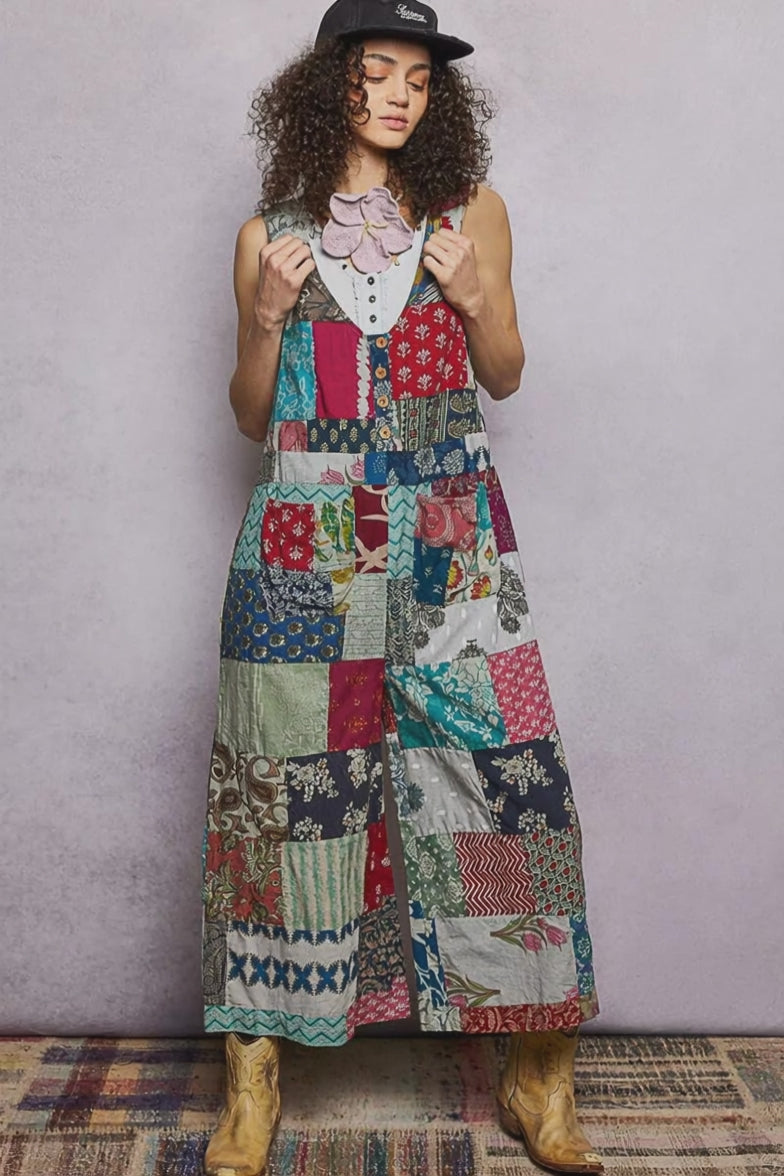 Video for POL Sleeveless Cotton Jumpsuit Floral Patchwork Wide Leg V-Neck Button
