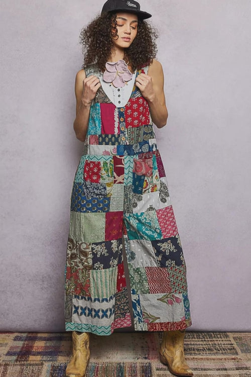 Video for POL Sleeveless Cotton Jumpsuit Floral Patchwork Wide Leg V-Neck Button