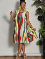 Plus-Size Ruffle Mini Dress – Colorblock Stripe Sleeveless Beach Dress