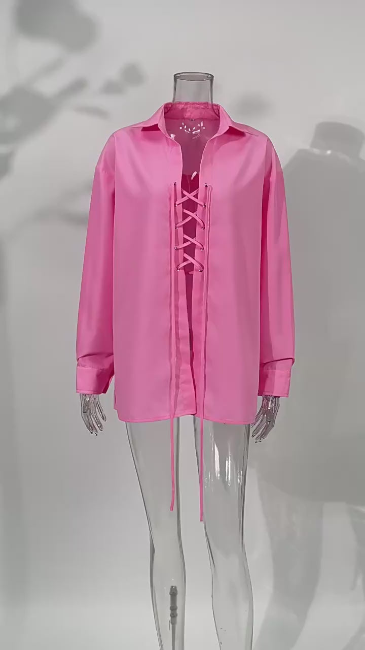 Oversized Shirt Women's Lace -up Cross Tie Pink Loose Casual Long Sleeve Top