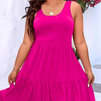 Plus Size Mini Tank Dress with Scoop Neck Ruffle Sleeveless Summer Beach XL-5XL