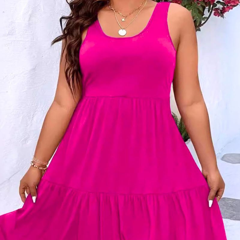 Plus Size Mini Tank Dress with Scoop Neck Ruffle Sleeveless Summer Beach XL-5XL