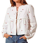 SO ME Herz Bestickte Bluse Elfenbein Schleife Gebunden Puff Langarm Lockeres Baumwolltop