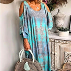 Plus Size Maxi Dress Beach Tie-Dye Blue Print Cold Shoulder Loose Fit Long Dresses