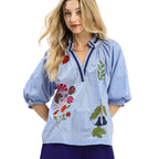 Umgee V-Neck Blouse Blue Floral Embroidered Women Boho Short Sleeve Casual Top