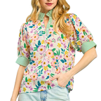Umgee Floral Blouse Green Mix Striped Contrast Button V-Neck Boho Casual Top