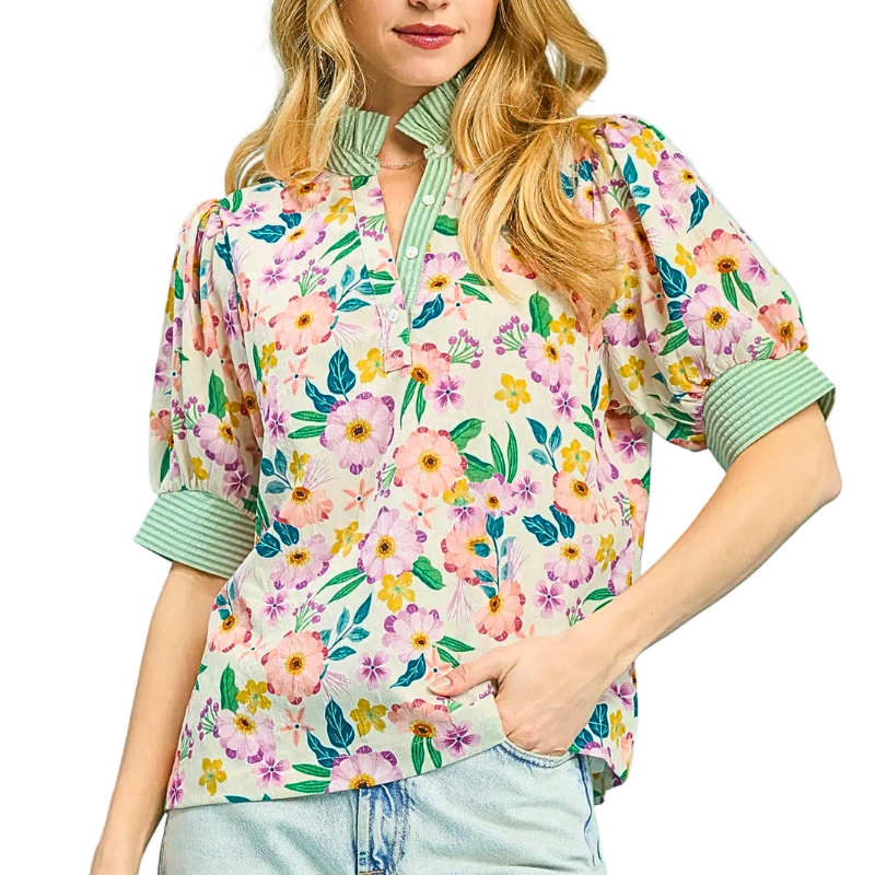 Umgee Floral Blouse Green Mix Striped Contrast Button V-Neck Boho Casual Top