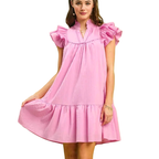 Umgee Babydoll Mini Dress Pink V-neck Ruffled Flutter Short Sleeve Casual Loose Dress