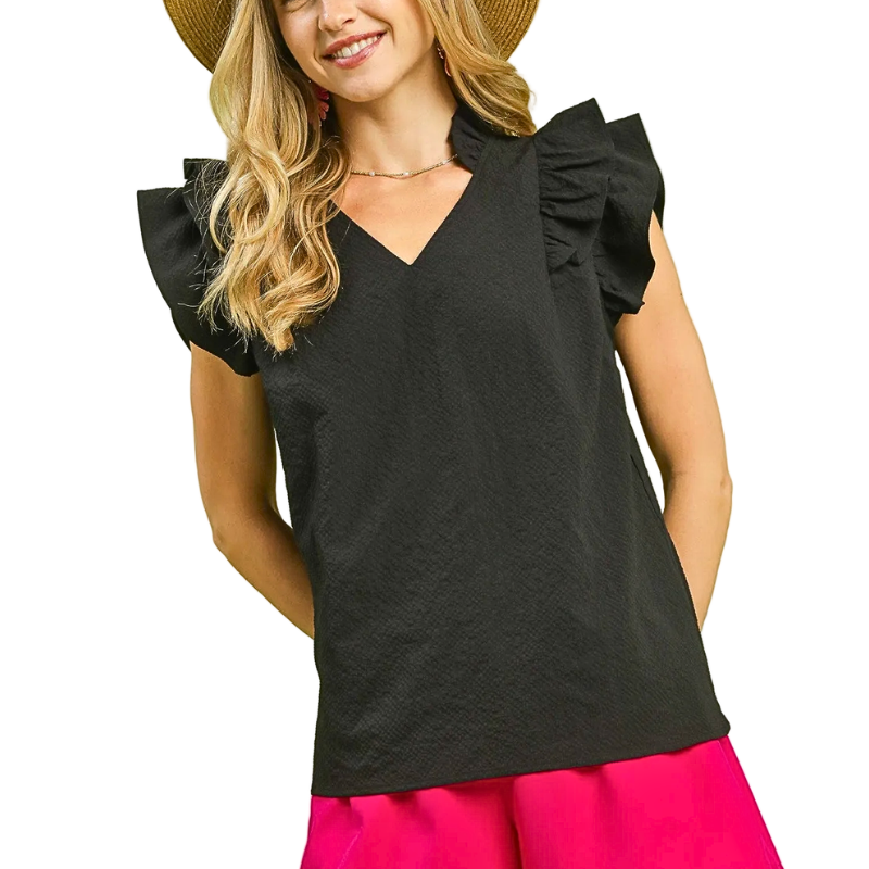 Umgee Black Blouse Textured V-Neck Ruffle Short Sleeve Casual Solid Tops