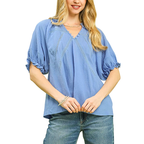 Umgee Blouse Blue Cotton Gauze V-neck Contrast Ruffle Ballon Sleeve Casual Loose Top