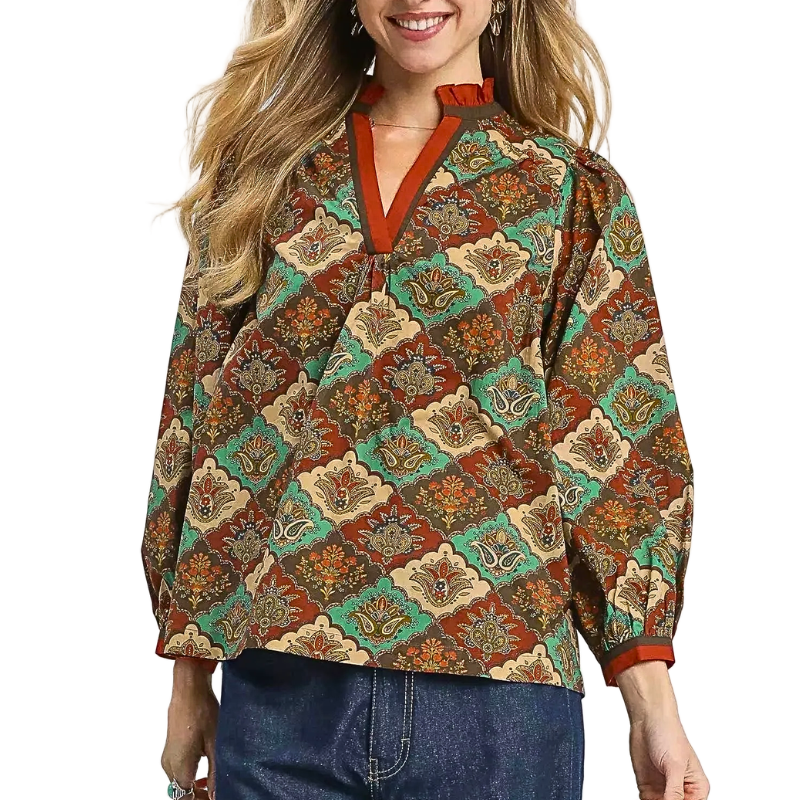 Umgee Blouse Boho Teal Mix Green Abstract Print V-Nec Ruffle Neck Long Sleeve Top