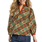 Umgee Blouse Boho Teal Mix Green Abstract Print V-Nec Ruffle Neck Long Sleeve Top
