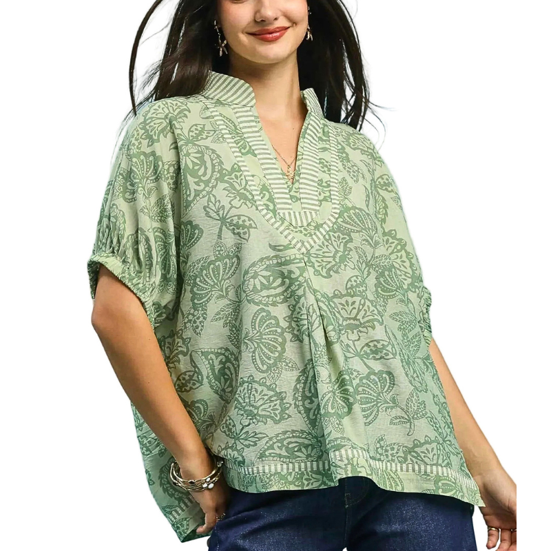 Umgee Blouse Botanical Floral Green Striped Contrast V-Neck Loose Boho Casual Top