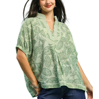 Umgee Blouse Botanical Floral Green Striped Contrast V-Neck Loose Boho Casual Top