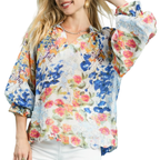 Umgee USA Watercolor Floral Blouse Mix Blue with Flounce 3/4 Sleeves Boho Top
